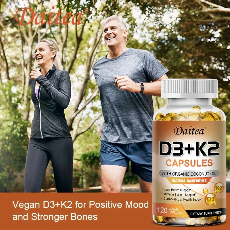 A smiling man and woman jog outdoors in athletic wear. In the foreground is a bottle of Vegan Vitamin D3 K2 Capsules with organic coconut oil, supporting immune system and bone health. Text highlights gluten and soy free benefits.