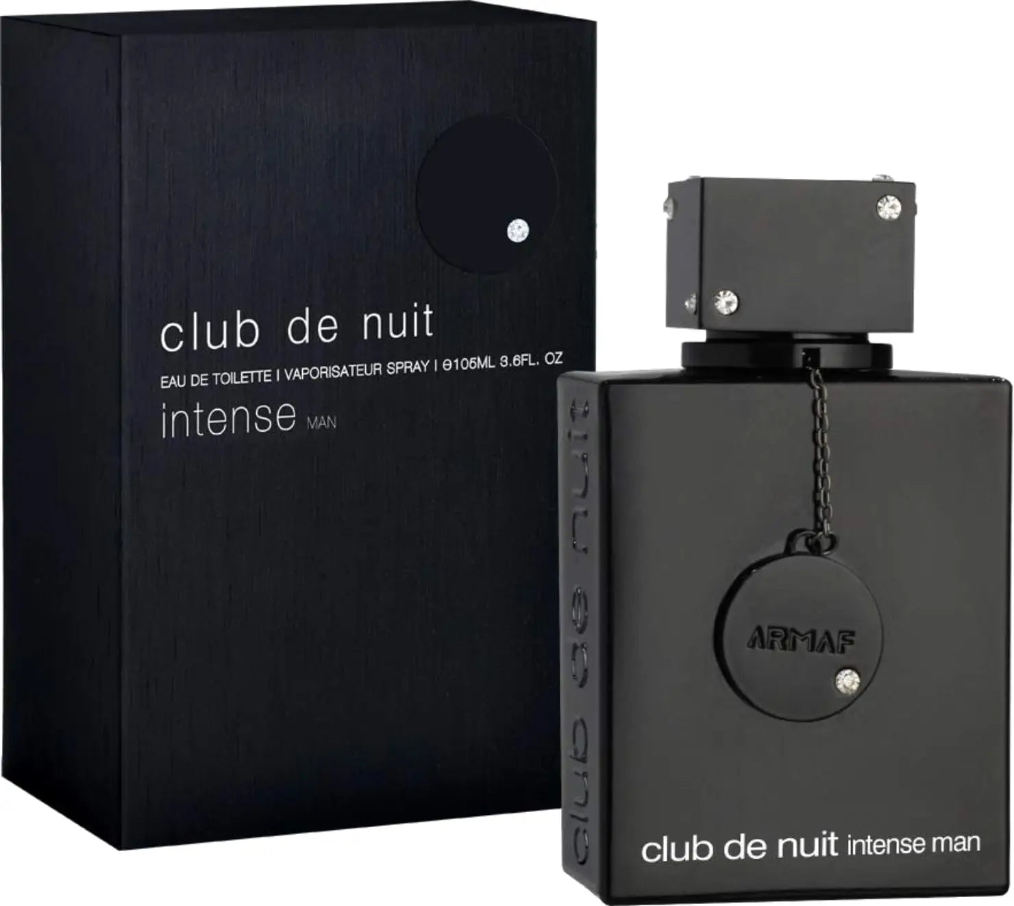 A 3.6oz (102.1g) black rectangular bottle of Armaf Club De Nuit Intense Man eau de toilette, wood spicy scent, is shown beside its matching black box, both with minimalist white text and silver accents.