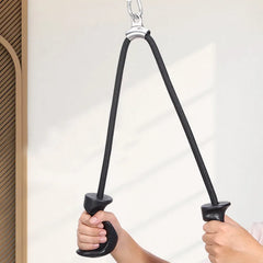 Two hands hold the Tricep Rope with Ergonomic Handles, a gym tricep pull down rope for cable machines and pulleys, suspended from a metal hook against a plain background.