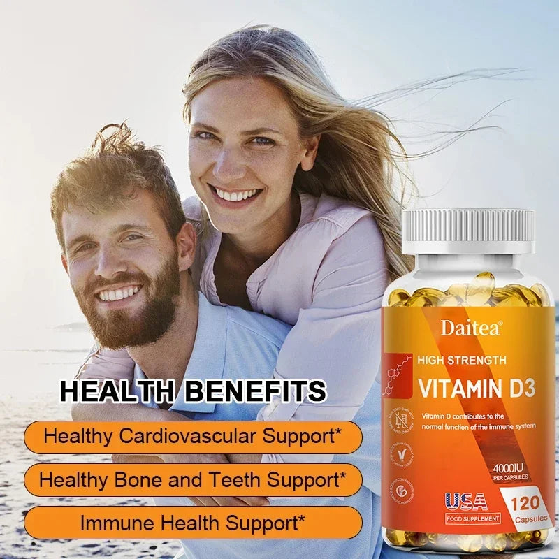 A smiling man and woman outdoors with a bottle of Vitamin D3 Capsules 4000IU in the foreground. Text highlights benefits: immune and bone support, promotes calcium absorption, muscle health, and nervous system support.