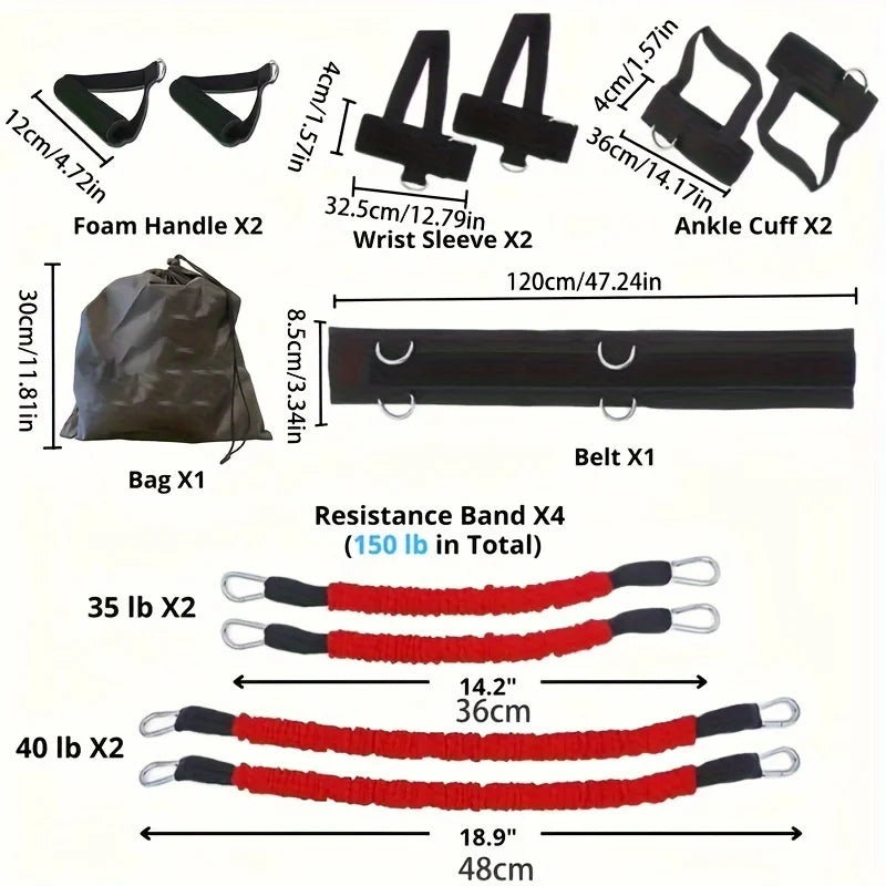 The 12-Piece Heavy Duty Resistance Boxing Training Set for MMA, Home Boxing & Taekwondo is shown with labeled parts: foam handles, wrist sleeves, ankle cuffs, belt, carrying bag, and four looped pull bands. Each part’s dimensions and weights are detailed.