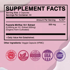 Supplement Facts label for PUERARIA MIRIFICA - Breast Supplement To Support Bigger, Rounder, Firmer Breasts, showing serving size, amount per serving, and ingredients. Icons: Made with Love, Vegan, Lab Tested, Made in USA, GMP Registered.