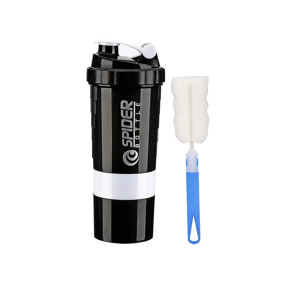 A 3 Layers Shaker Protein Bottle Powder Shake Cup is shown beside a blue and white cleaning brush with a rectangular sponge head. Both are displayed on a white background, inspired by Mainland China designs.