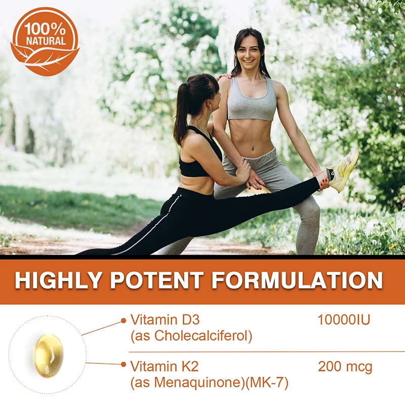 Two women in athletic wear exercise outdoors, highlighting Vitamin D3 10000 IU with K2 200 Mcg capsules—2 in 1 support for immune, heart, joint, teeth, and bone health.