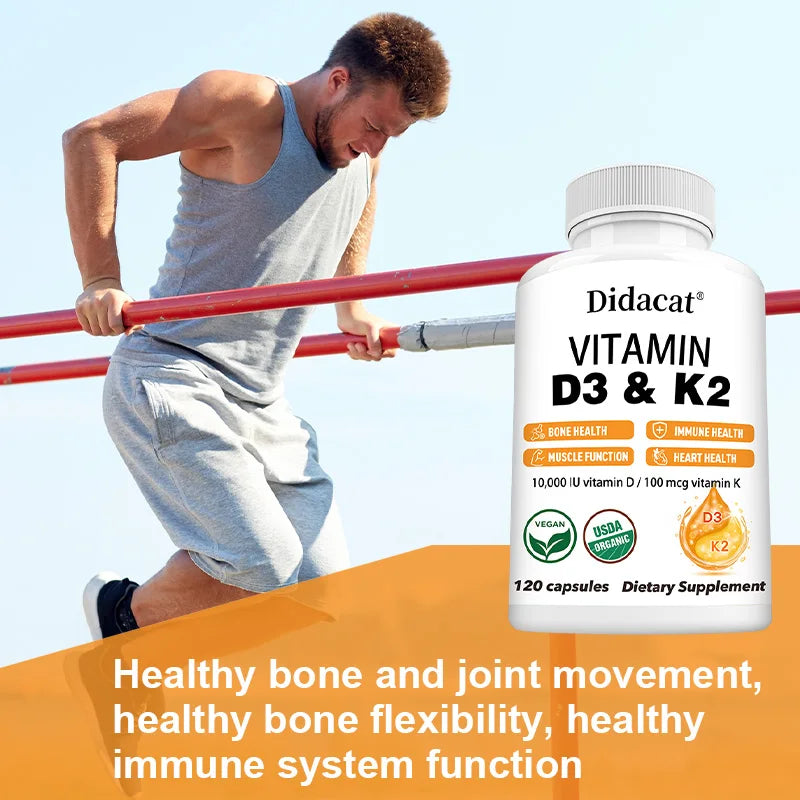 A man does a muscle-up on outdoor bars. In the foreground is a bottle of Vitamin D3+K2 Supplement 10000IU (D3 and K2 MK-7) Capsules, supporting bone, heart, muscle, and immune health. Text highlights bone, joint, and immune support.