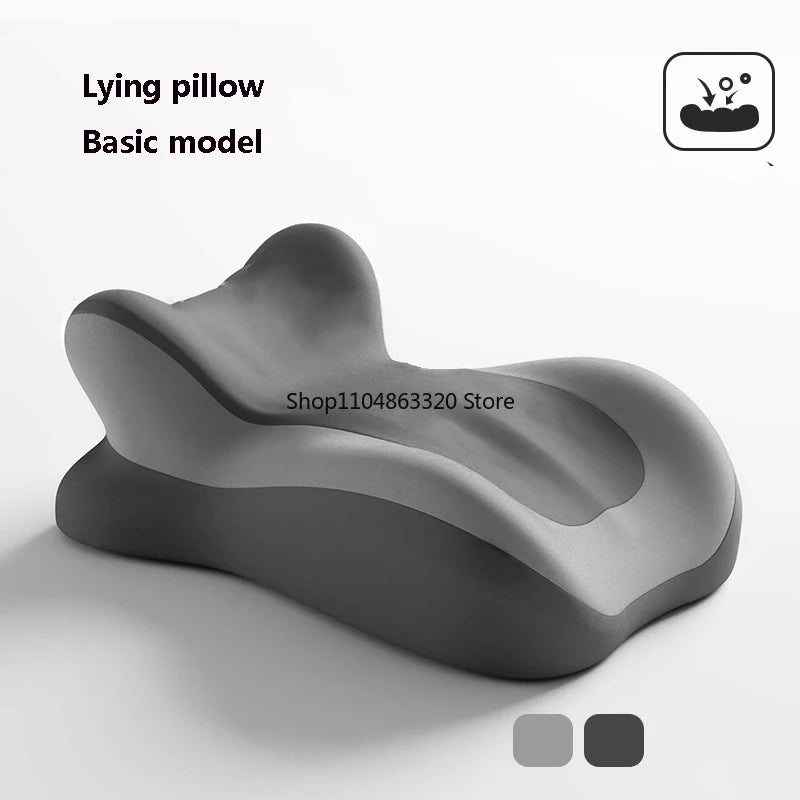 A contoured gray Memory Foam Pillow Ergonomic Support Neck Leg Rest is shown on a white background. Text reads "Memory Foam Pillow" with a small reclining icon in the top right and two bedding color swatches at the bottom right.