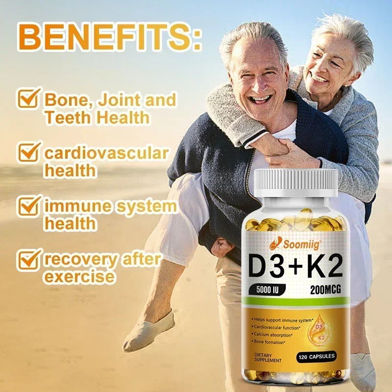 An elderly couple plays on the beach with Vitamin D3 5000IU & K2 (MK-7) Capsules for calcium absorption in the foreground. Benefits shown: bone regeneration, immune support, recovery after exercise, and easy to melt formula.