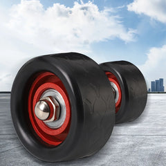 A 1pc Abdominal Exercise Wheel with four wheels for stability, designed to strengthen core and tone abs, is placed on a smooth surface outdoors with a cloudy sky and distant city buildings.