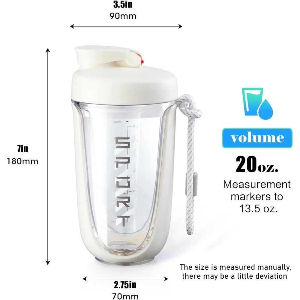 The Premium Protein Powder Shaker, 20 oz/590 ml, BPA-free Tritan with a plastic ball and leakproof design, is shown. Features a white lid, carrying rope, and measurement markers up to 13.5 oz. Made in mainland China; no high-concern chemicals.