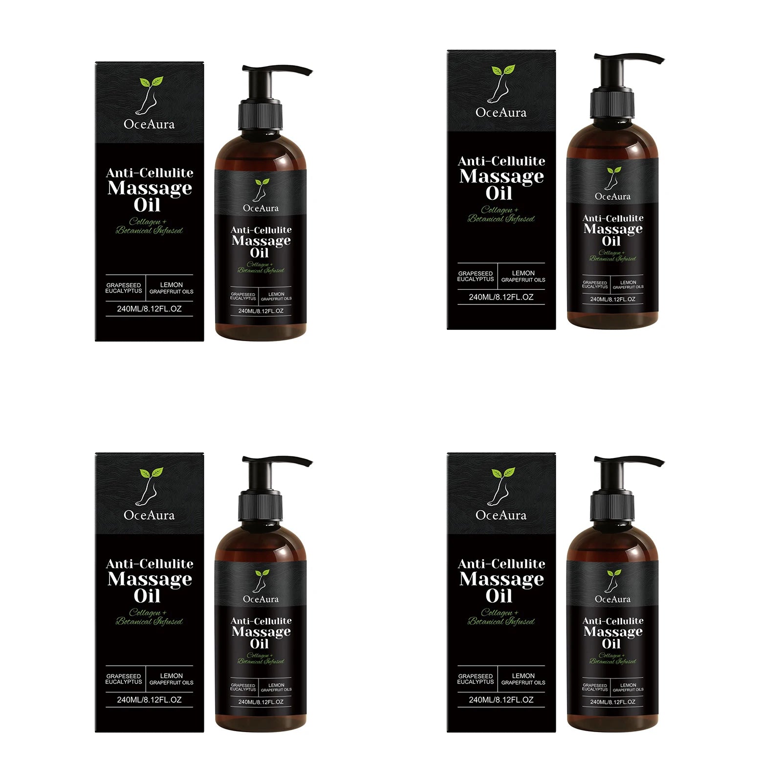 Four identical sets of Collagen Anti-Cellulite Massage Oil bottles with pump dispensers, each placed next to its black product box, are arranged in a two-by-two grid on a white background.