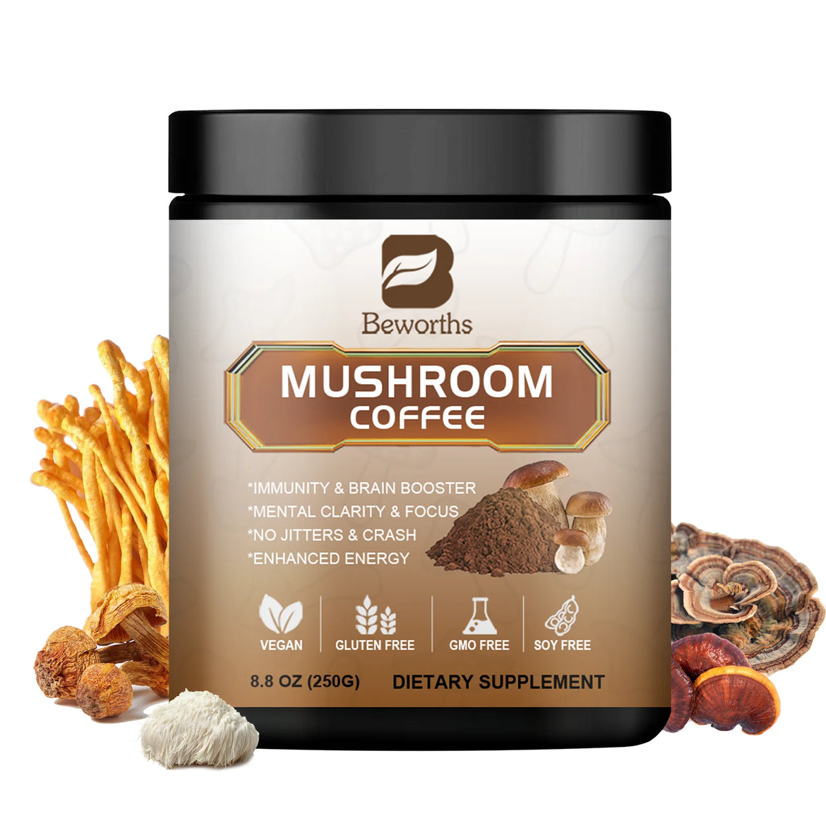 A container of BWEORTHS Mushroom Coffee (70/120/250g) Mixed Reishi & Lion's Mane is shown with mushrooms and coffee powder. The label highlights immunity support, focus, memory boost, health benefits, and NO-GMO.