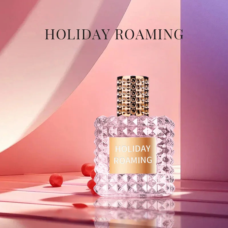 A crystal-patterned "Rivet Series Fresh Perfume," a woody, fruity, floral ladies' EDT with bergamot, sits on a pink and purple surface with soft colorful lighting and small red spheres scattered around it.