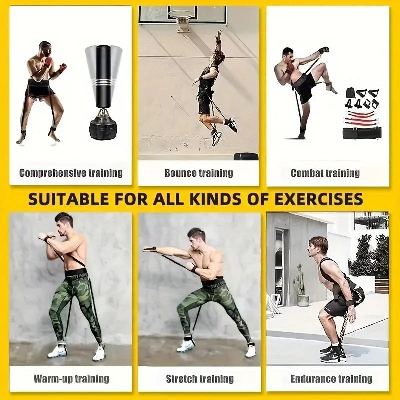 A collage displays six training styles using the 12-Piece Heavy Duty Resistance Boxing Training Set for MMA, Home Boxing & Taekwondo—ideal full-body equipment for arms and legs, suitable for all strength exercises.