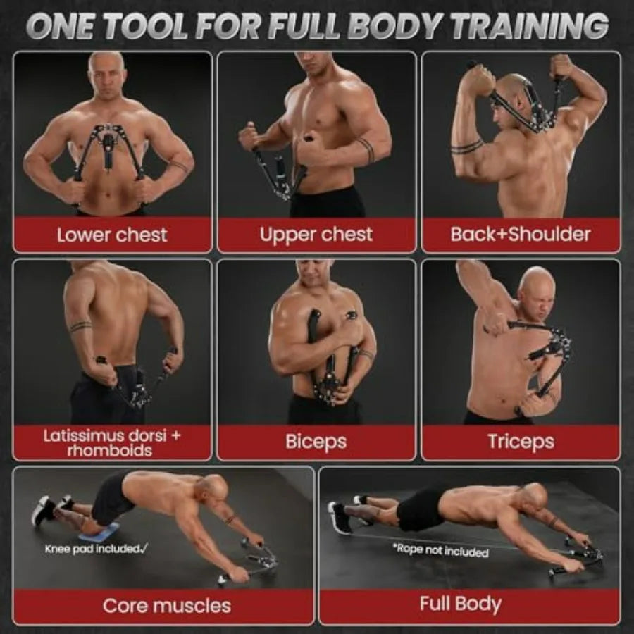 A muscular man demonstrates unisex strength exercises using the Twister Arm Trainer 3 in 1 Hydraulic Power Chest Workout with Ab Roller Wheels and Hooks (22-440lbs), targeting chest, back, arms, core, and full body. Each exercise is clearly labeled.