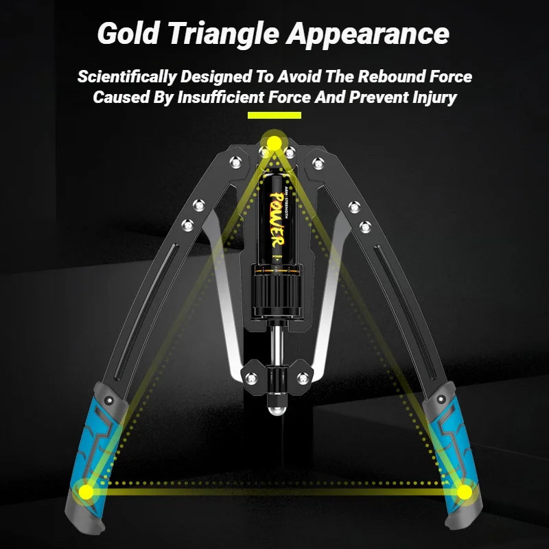 The Adjustable 22-440 Pounds Arm Exercisers, featuring a Gold Triangle Appearance and ergonomic blue handles, highlights stability with yellow triangles—ideal for hand exercise, strength training, and shoulder muscle workouts.