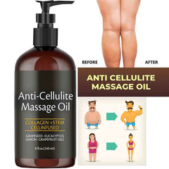 A 240ml Anti Cellulite Massage Oil Infused with Collagen and Stem Cell sits next to before-and-after leg photos, suggesting this skin-tightening, moisturizing body oil helps reduce cellulite.