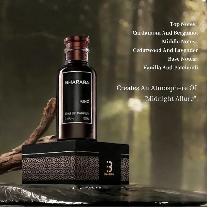 A 100ML C2U Bharara King Eau De Parfum for men rests on a black gift box in a forest, exuding cardamom, bergamot, cedarwood, lavender, vanilla, and patchouli notes for a seductive Midnight Allure atmosphere.