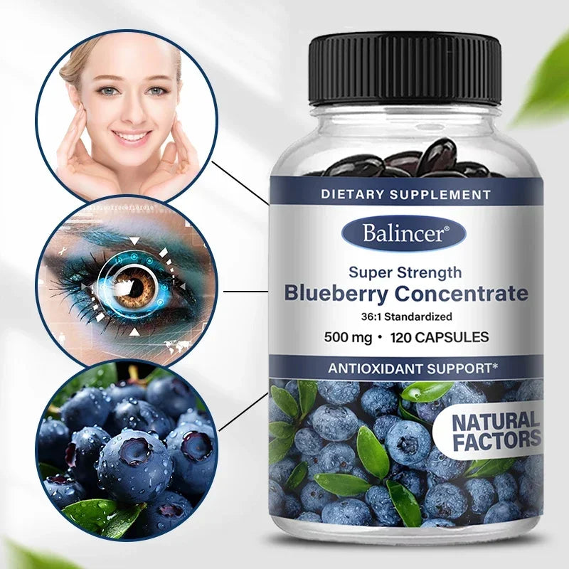 A bottle of Blueberry Capsules - 500 mg is shown with a smiling woman, blue eye, and fresh blueberries, showcasing this supplement’s antioxidant support for brain, heart, eye health, and smooth skin. Contains 120 capsules.