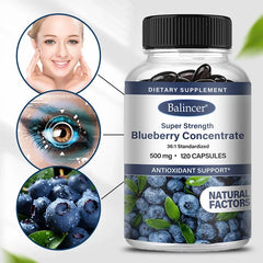 A bottle of Blueberry Capsules - 500 mg is shown with a smiling woman, blue eye, and fresh blueberries, showcasing this supplement’s antioxidant support for brain, heart, eye health, and smooth skin. Contains 120 capsules.
