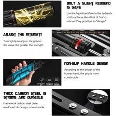 Instructional graphic of Adjustable Hydraulic Power Twister: shows hydraulic rod with energy, adjustable intensity dial, textured blue non-slip handle, thick carbon steel plate, and text describing each muscle-strengthening feature.