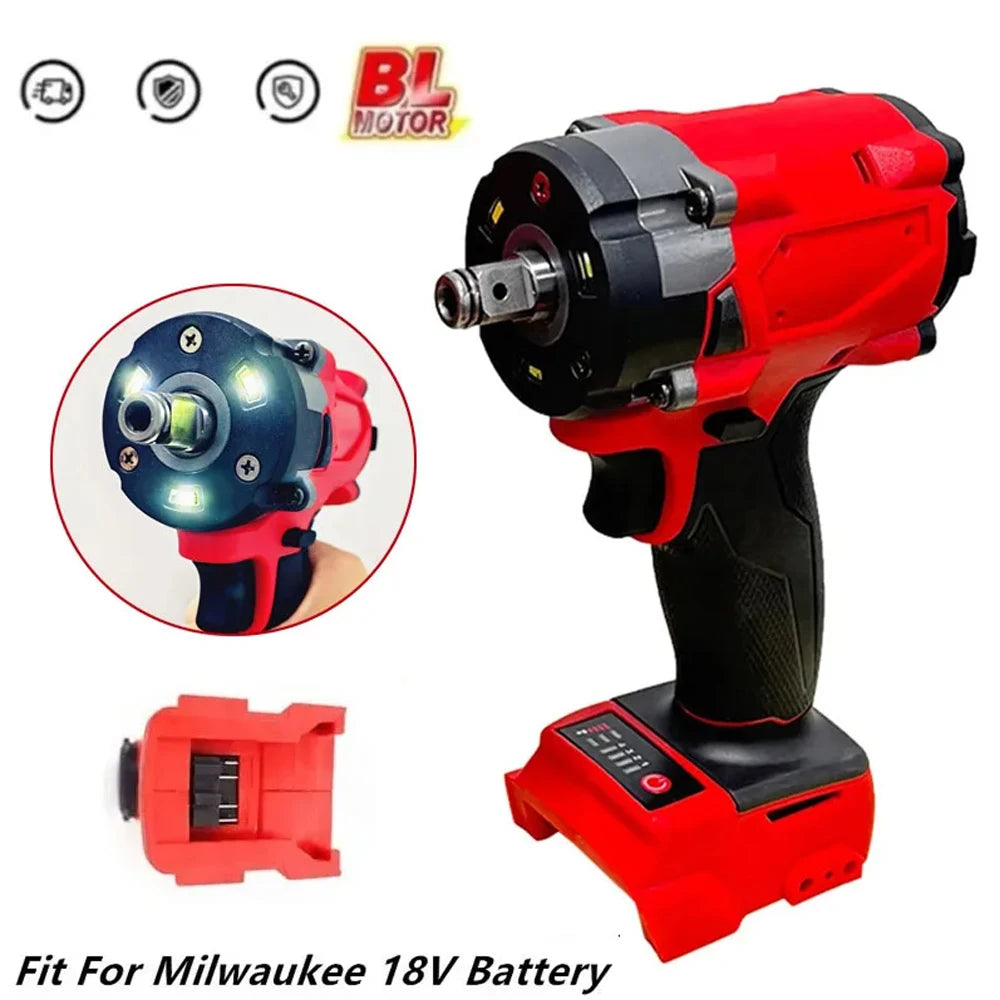 The Brushless Impact Wrench 500N.m Electric Driver 1/2" features a powerful brushless motor, 4 gears, LED lights, and is compatible with Milwaukee 18V batteries. Insets showcase front LEDs and the 18V battery connection slot.
