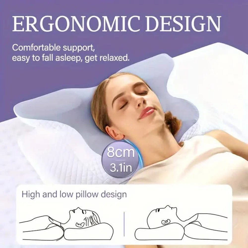 A woman uses the Memory Foam Pillows Butterfly Shaped Relaxing Cervical Orthopedic Pillow, featuring ergonomic design, 8cm (3.1in) height, and slow rebound foam. Text and illustrations highlight adjustable high/low positions for personalized neck support.