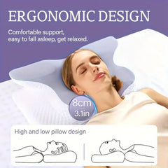 A woman uses the Memory Foam Pillows Butterfly Shaped Relaxing Cervical Orthopedic Pillow, featuring ergonomic design, 8cm (3.1in) height, and slow rebound foam. Text and illustrations highlight adjustable high/low positions for personalized neck support.