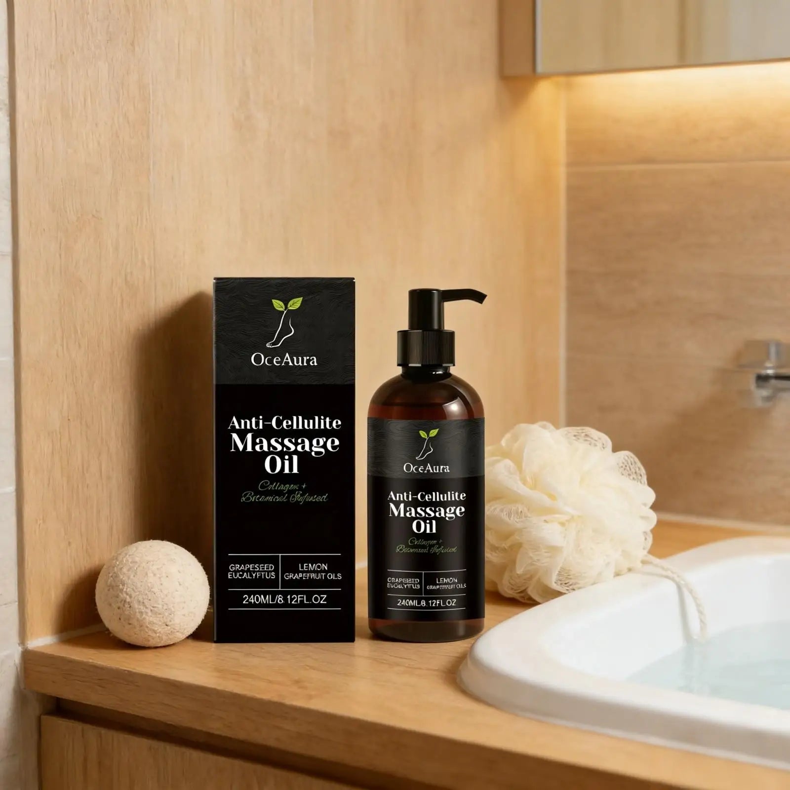 A bottle and box of Anti Cellulite Oil Firm Skin Tightening with lemon and grapefruit essential oils are set by a bathtub, next to a bath sponge and white stone, in a cozy wooden bathroom.