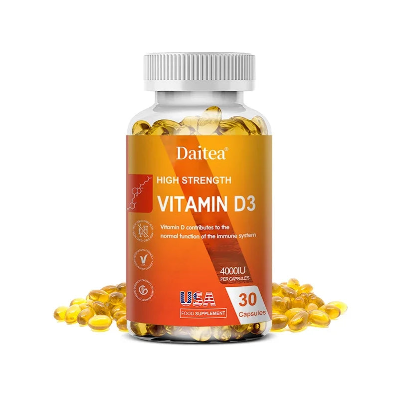 A bottle of Daitea Vitamin D3 Capsules 4000IU, containing 30 capsules. The product supports immunity, bones, calcium absorption, muscle and nervous system health; yellow capsules are displayed inside and around the bottle.