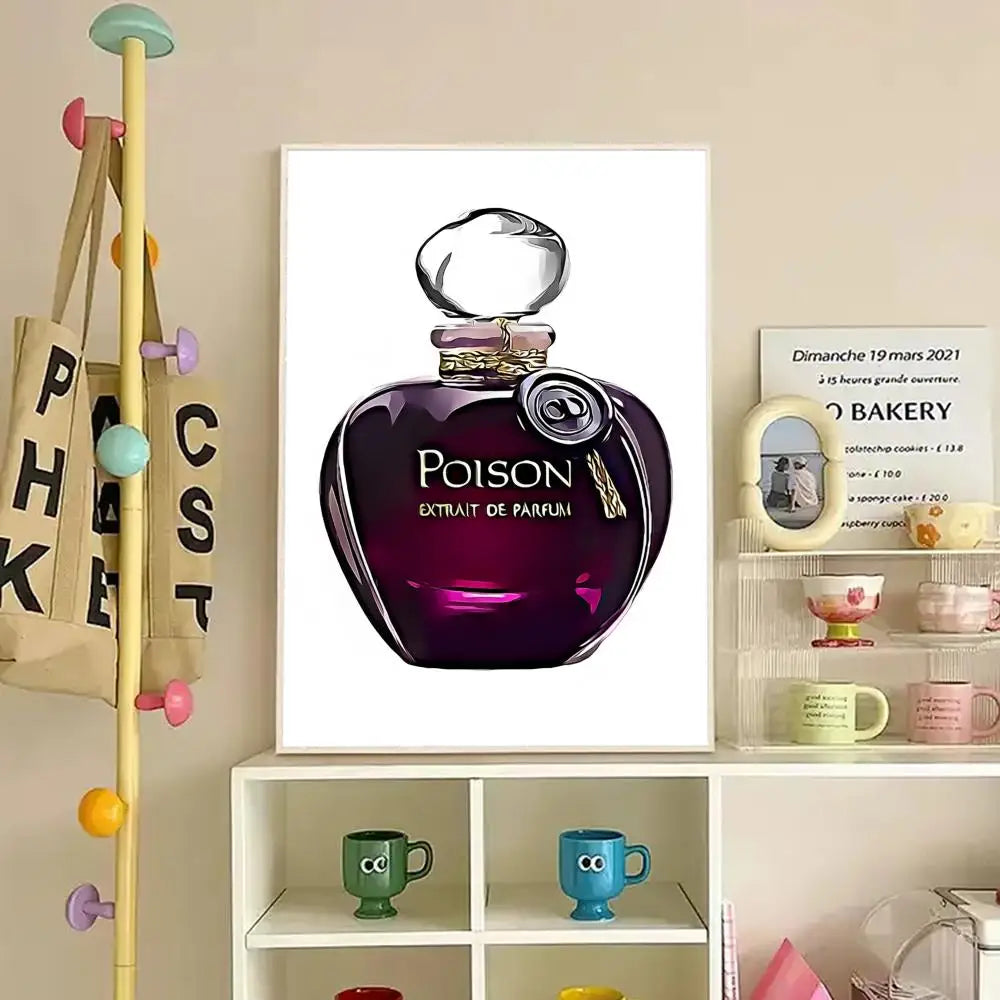 A Perfume Bottle Prints Nordic Poster Wall Art decorates the wall above shelves with colorful mugs, while a beige bag and hanging ornaments sit on a nearby rack, creating a stylish home display.
