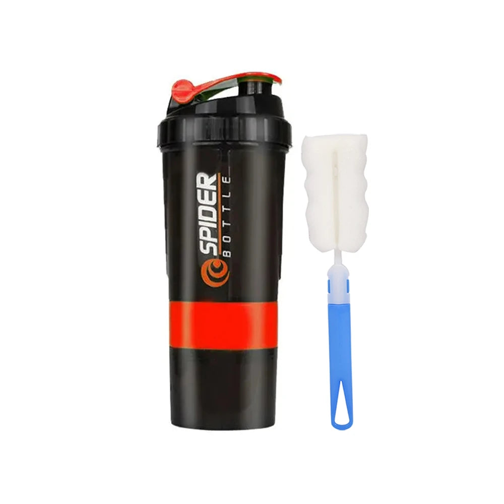 A 3 Layers Shaker Protein Bottle Powder Shake Cup sits beside a blue-handled cleaning brush with a white sponge head, both on a white background—an everyday duo popular in Mainland China.