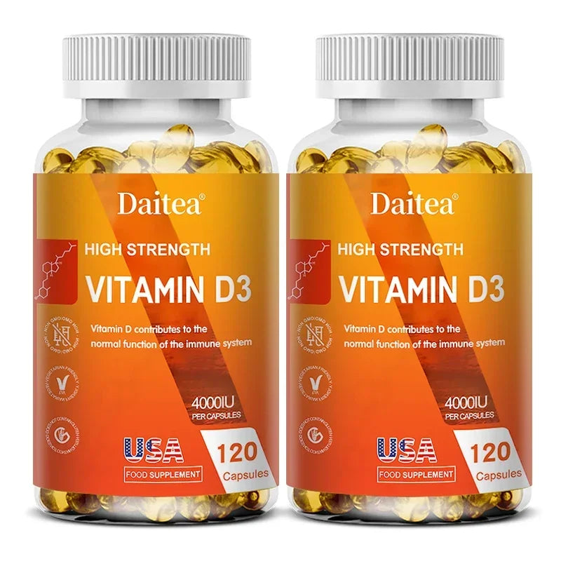 Two bottles of Daitea Vitamin D3 Capsules 4000IU, each with 120 capsules, feature an orange label highlighting immune and bone support, calcium absorption, muscle and nervous system health, plus a USA food supplement badge.