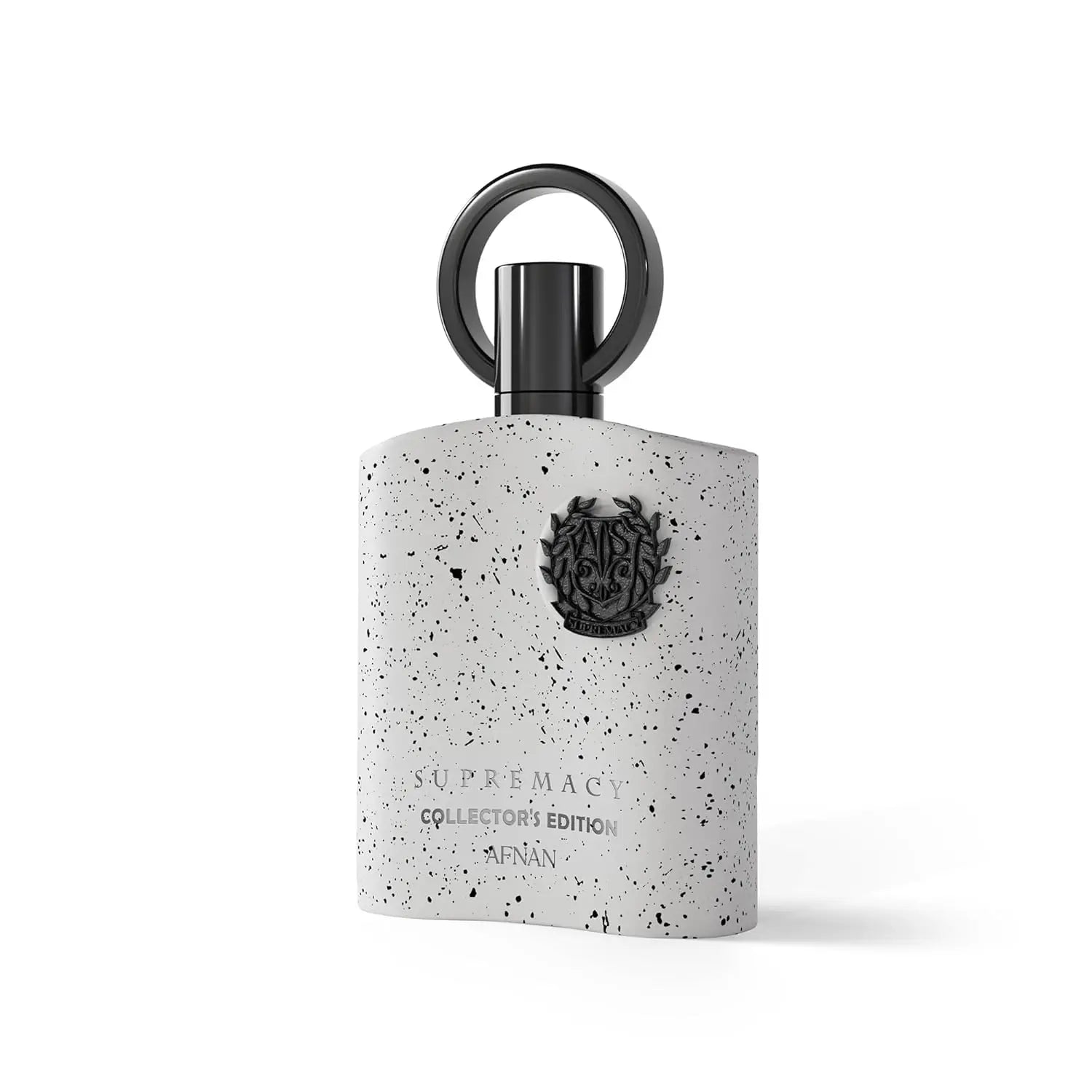 A white speckled bottle with a black cap and emblem, labeled "Afnan Supremacy Collector’s Edition for Men Eau De Parfum, 3.4 Fl. Oz," stands against a plain background—an elegant men’s fragrance suitable for any occasion.