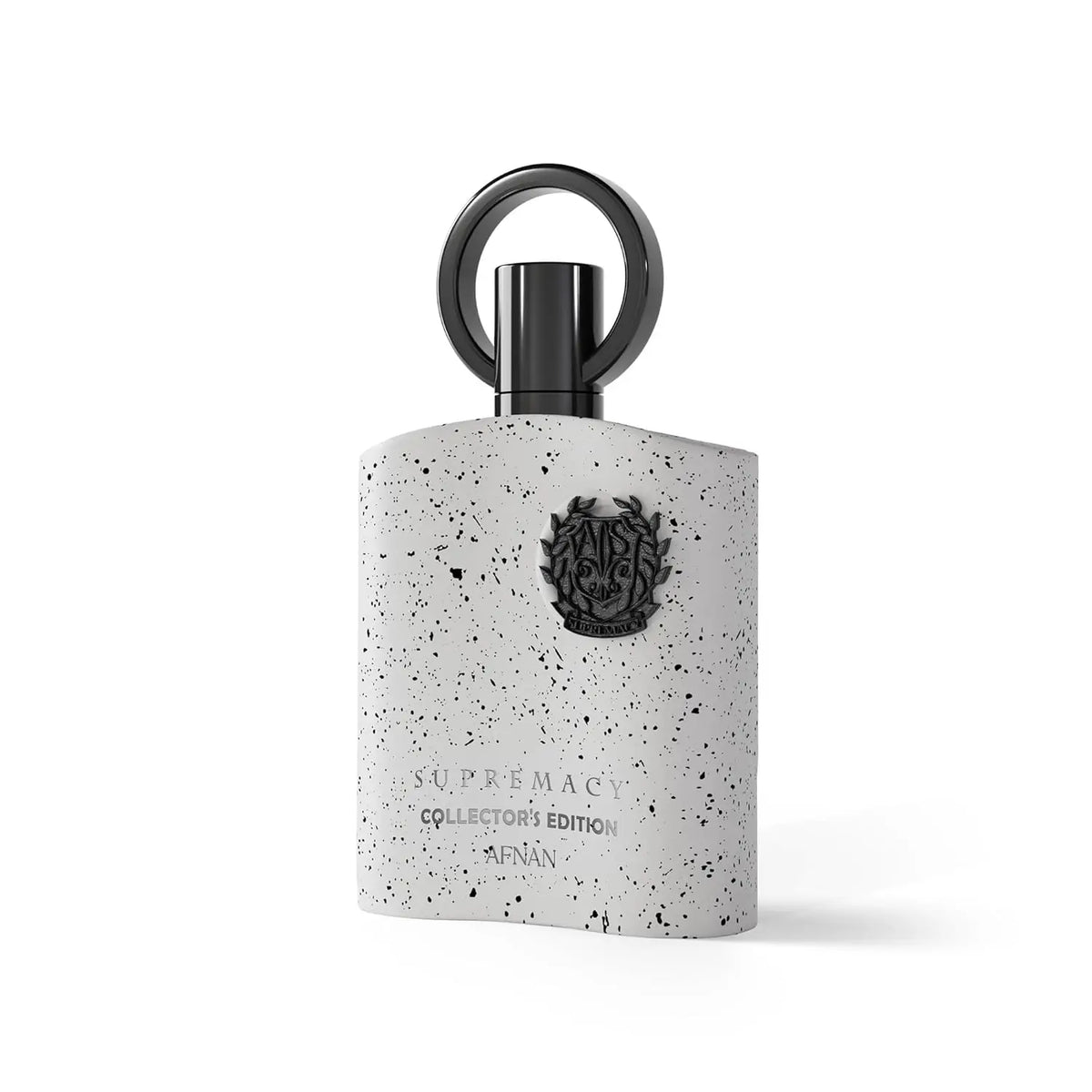 A white speckled bottle with a black cap and emblem, labeled "Afnan Supremacy Collector’s Edition for Men Eau De Parfum, 3.4 Fl. Oz," stands against a plain background—an elegant men’s fragrance suitable for any occasion.
