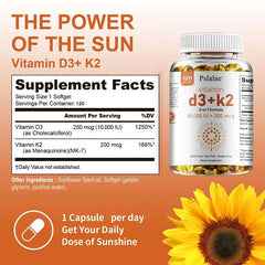 Image shows a bottle of Vitamin D3+K2 Softgels for bone, heart, and immune health. Supplement facts label lists Vitamin D3 and K2 content. Text: “1 Softgel per day for your daily dose of sunshine.” Sunflower and sunshine graphics included.