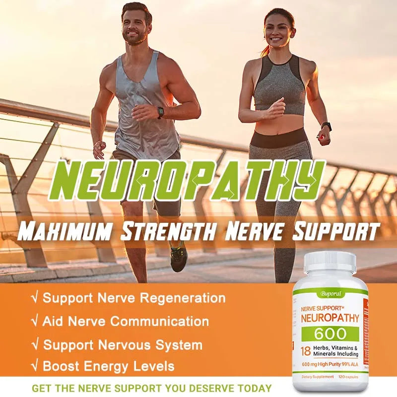 At sunrise, a man and woman jog outdoors. Text promotes Neuropathy Support Supplement 600mg—supports the nervous system, relieves stress, promotes brain function, and boosts energy. A bottle of the supplement is displayed.