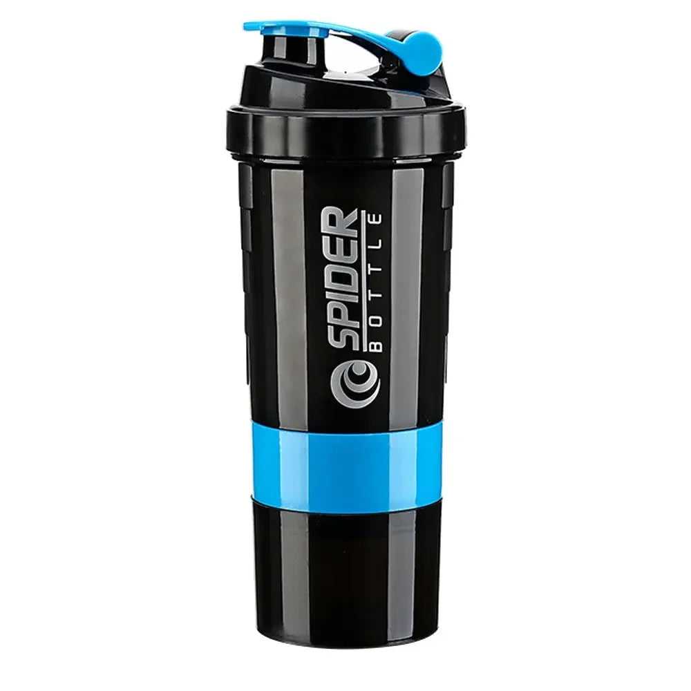 A black 3 Layers Shaker Protein Bottle with blue accent band and flip cap, featuring a silver-white vertical Spider Bottle logo, is ideal for mixing protein shakes or supplements. Available from FEB.WIND in Mainland China.