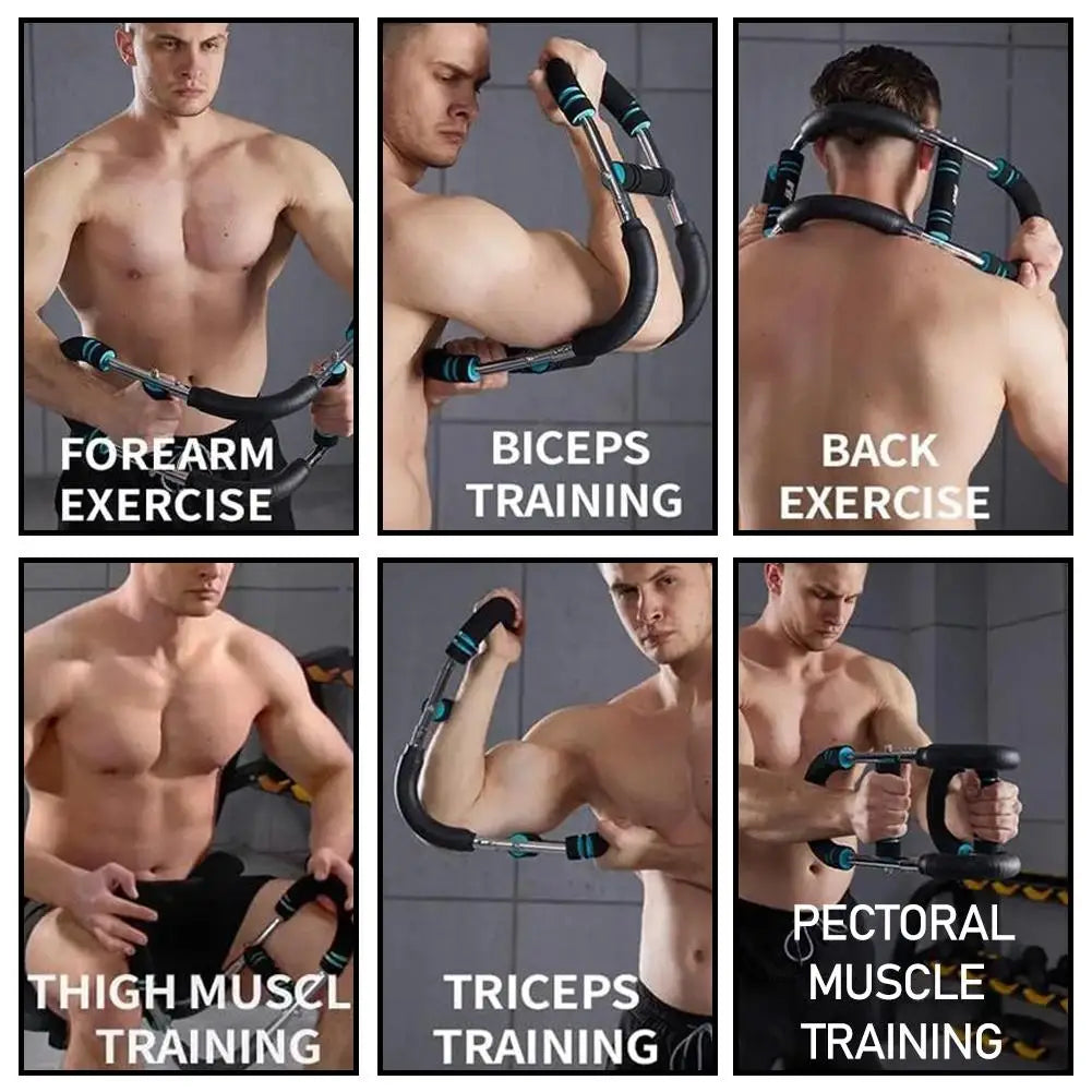 Six images show a man using the Twister Arm Exerciser (20kg/30kg/40kg/50kg Adjustable Spring Workout Bar) for forearm, biceps, back, thigh, triceps, and chest training. Each exercise is labeled in bold white text.