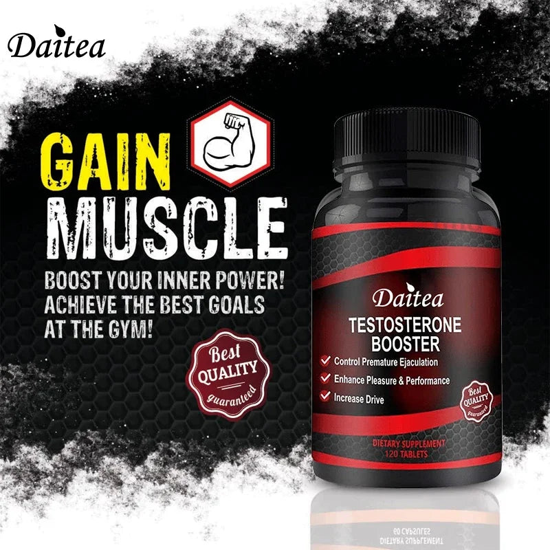 A bottle of Muscle Builder Capsules - Muscle Mass Increase, Anabolic Activity Support, Muscle Development appears beside bold Gain Muscle text. Additional text highlights increased inner power, enhanced performance, and assured best quality.