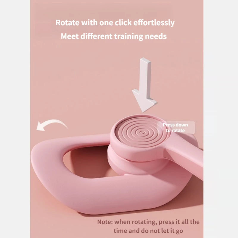 The Non-Slip Comfortable Pelvic Floor Muscle Trainer Thigh Exerciser Leg Trainer is shown in pink with a circular rotating handle. Text instructs to press down and rotate, making it ideal for postpartum recovery, leg, and butt training.