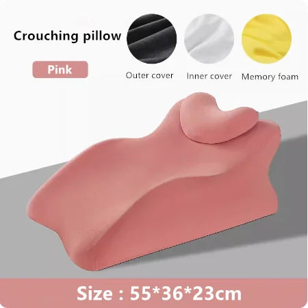 The Lie On The Bed Sleeping Pillow features ergonomic curves, a raised headrest, 100% polyester black outer cover, white inner cover, and yellow memory foam. Perfect for bedding. Dimensions: 55*36*23cm.