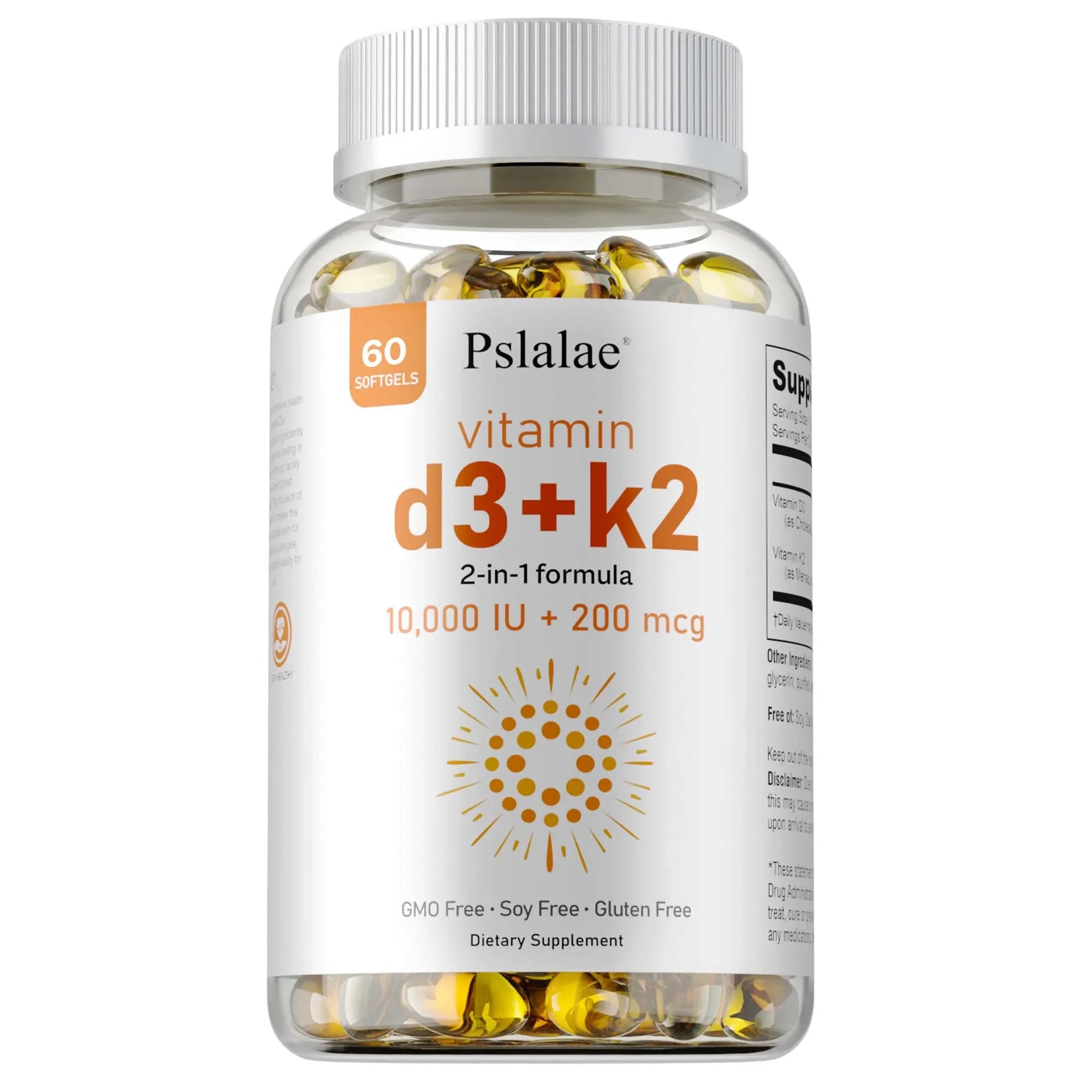 A bottle of Vitamin D3 with K2 contains 60 yellow capsules in a clear bottle, each with 10,000 IU of D3 and 200 mcg of K2 to support heart and bone health, promote sleep, boost immunity, and improve overall well-being.