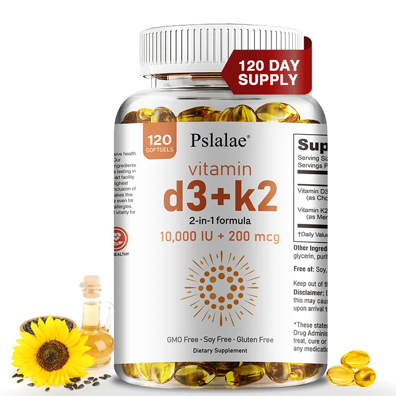 A bottle of Vitamin D3 10000 IU with K2 200 mcg is shown with 120 softgels, a sunflower, and sunflower oil. The label highlights a 120 day supply, GMO/Soy/Gluten Free, and 2-in-1 support for immune, heart, joint, teeth & bone health.