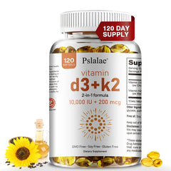 A bottle of Vitamin D3 10000 IU with K2 200 mcg is shown with 120 softgels, a sunflower, and sunflower oil. The label highlights a 120 day supply, GMO/Soy/Gluten Free, and 2-in-1 support for immune, heart, joint, teeth & bone health.