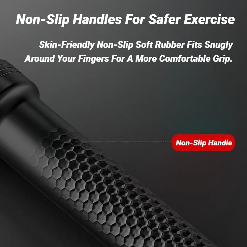 Close-up of the Strength Training Bar Ergonomic Fitness Grip Biceps Triceps Strengthener’s black handle featuring a hexagonal textured, non-slip rubber surface. Text highlights its skin-friendly, comfortable grip and red label points to the Non-Slip Handle.