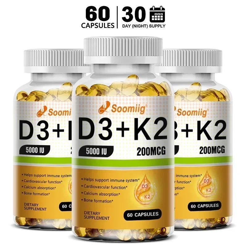 Three bottles of Vitamin D3 5000IU and 200mcg Vitamin K2 (MK-7) Capsules for Calcium Absorption, Bone Regeneration, and Immune Support are shown. Each contains 60 easy-to-melt capsules for a 30-day supply.