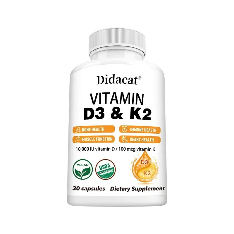 A white bottle labeled “Vitamin D3+K2 Supplement” contains 30 non-GMO capsules with 10,000 IU D3 and K2 (MK-7) for bone, heart, muscle, and immune support.