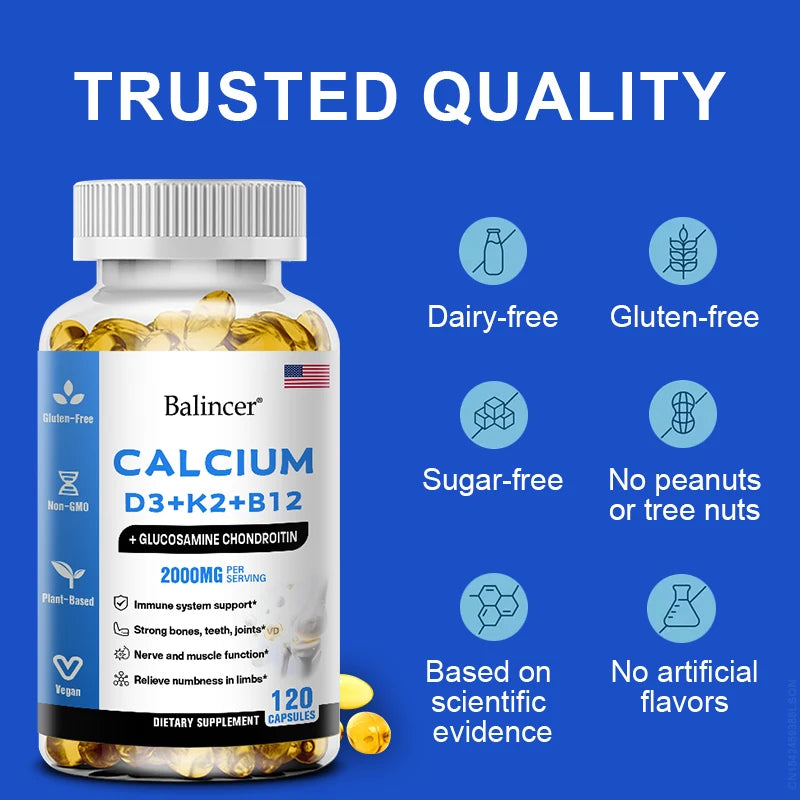 A bottle of Calcium Supplement with Vitamins D3+K2+B12 is shown, highlighting features such as gluten-free, non-GMO, plant-based, dairy-free, sugar-free, nut-free, science-based, and no artificial flavors. Supports nerve and muscle function.