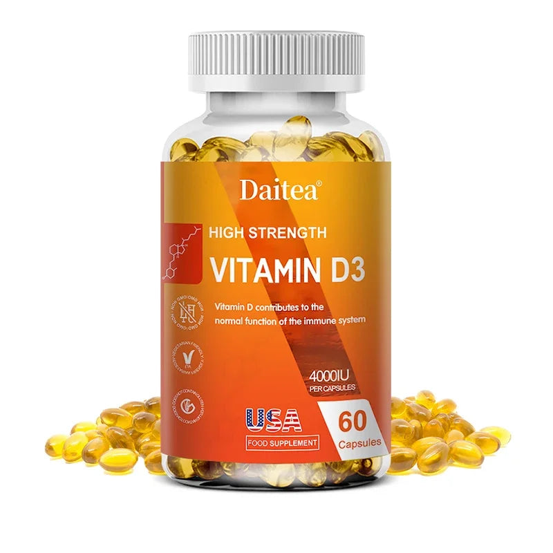A bottle of Vitamin D3 Capsules 4000IU (60 caps) is shown with yellow softgels. The label highlights immune, bone, muscle, and nervous system support and promotes calcium absorption, along with USA and food supplement icons.