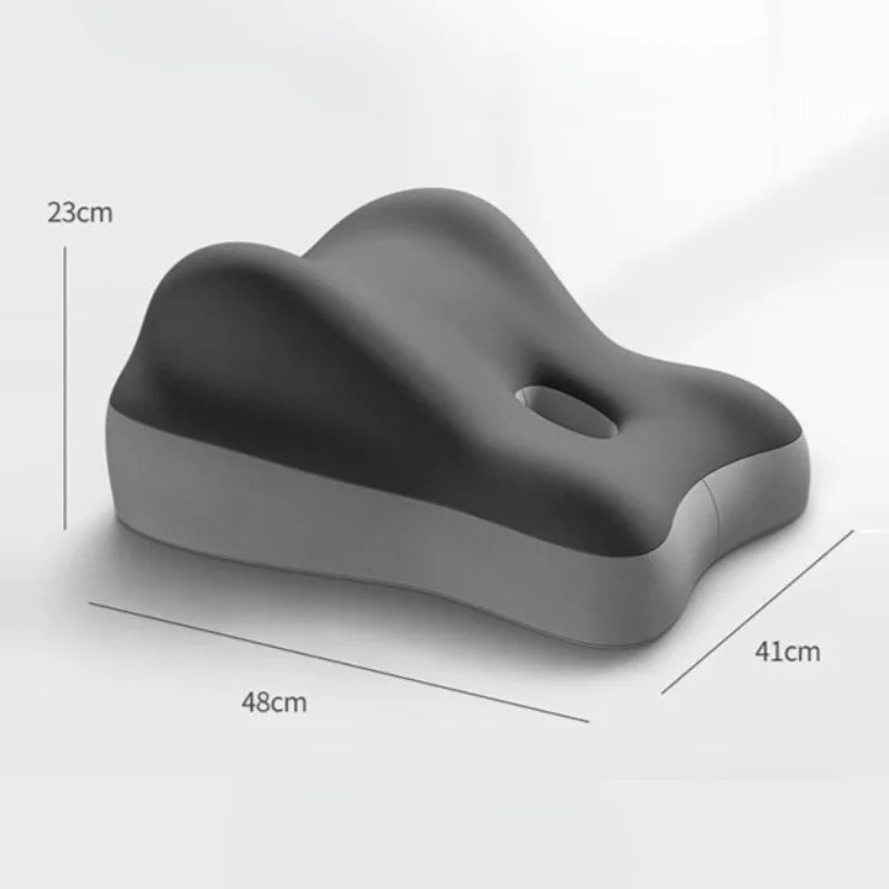 The Multi-Functional Ergonomic Bed Pillow, a wedge-shaped black and gray memory foam cushion (48×41×23 cm) with a central hole, is displayed on a light background with labeled dimensions.
